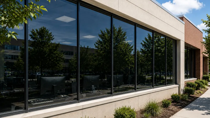 Commercial building exterior with solar control film across a continuous window wall.